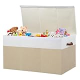 Extra Large Toy Storage Box with Lid, Sturdy Toys Storage Chest Bin Organizer Basket with Dividers for Kids, Boys, Girls, Nursery, Closet, Bedroom, Playroom 35.5'x17' x17' (Beige and White)