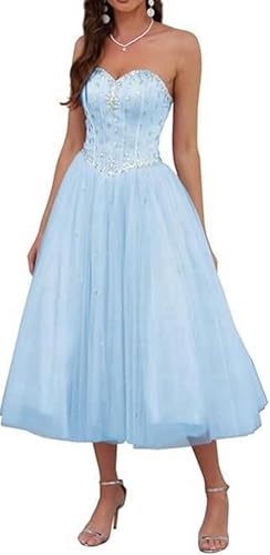 Image of Likedpage Women's Strapless Tea Length Prom Dress, Tulle Ball Gown with Crystal Beading, Corset Back