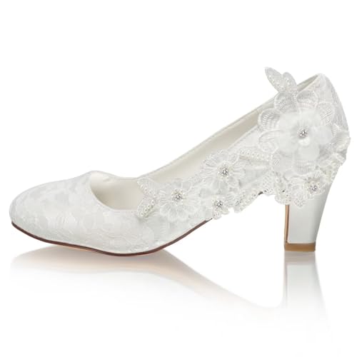 Emily Bridal 1505-1-8 Women's Wedding Shoes Closed Toe 2.56 Inches Chunky Heel Lace Satin Pumps with Rhinestone Lace Flower Bridal Shoes2