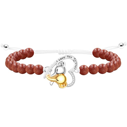 Image of Double Elephant Heart Charm Natural Crystal Bracelet, Treatment Stone Bracelet Calm Stretch Bracelet Women's Stress Relief Gift for Moms I Love You Couple Jewelry