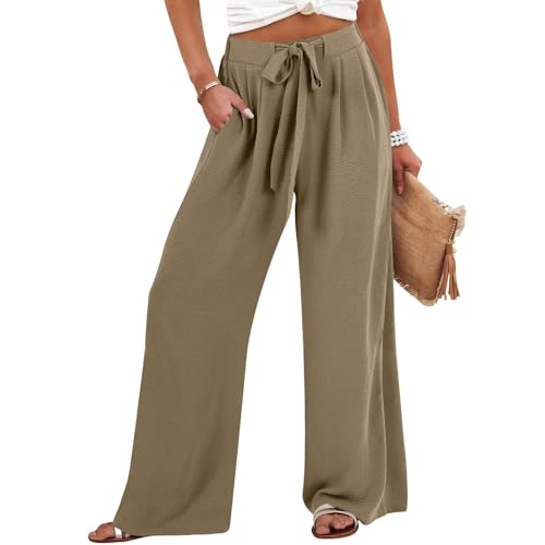 Women's High Waist Adjustable Tie Knot Flowing Wide Leg Dressy Casual Loose Fit Fashion Pants