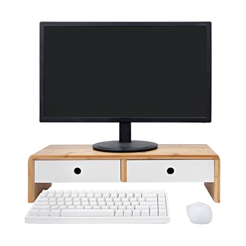 Support de moniteur en bois blanc sans assemblage avec 2 tiroirs de rangement