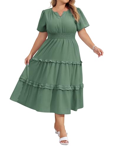 Image of Hanna Nikole Women's Plus Size Summer Casual Dress 2025 V Neck Empire Waist Tiered Flowy Beach Vacation Dress with Pockets