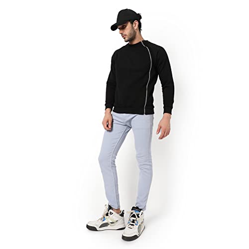 Image of Campus Sutra Men Crew Neck Sweatshirt with Zip Accent Black