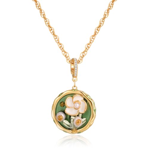 Vintage Necklace Van Gogh Flower Green Oil Painting Style Pendant Necklaces for Women