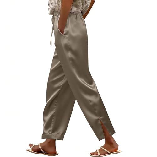 Image of Women's Satin Trousers Drawstring Elasticated Waist Straight Leg Pants Solid Color Elegant Casual Loose Fit Pants with Pockets Summer Lightweight Comfy Lounge Bottoms for Work Daily Wear Khaki