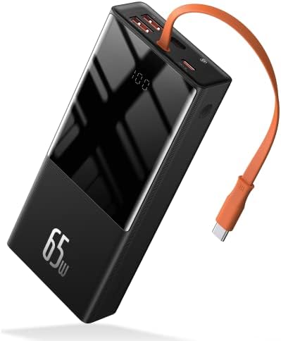 Baseus USB C Power Bank for Laptop, 20000mAh 65W Portable Laptop Power Bank Built in USB C Cable, 4 Outputs External Battery Pack for Lenovo, HP, Dell, MacBook Pro, for iPhone 14, Samsung and More