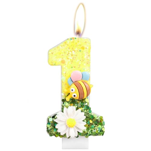 iNINGER Birthday Candles Number 1,Yellow Bee Candle 1st Birthday Number Candles 1 for Cake Candles,Groovy Party Decorations for Boho Themed Girls Birthday Cake Topperbirthday