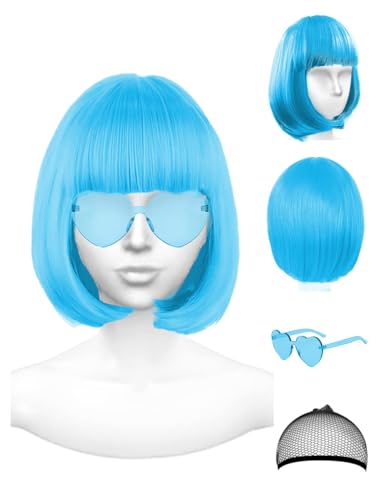 NSODREEM Light Blue Wig and Party Sunglasses, Cosplay Color Bob Wig, Party Blue Wig with Neon Glasses for Women - Bachelorette Party Wigs Decorations Favors (Sky Blue)