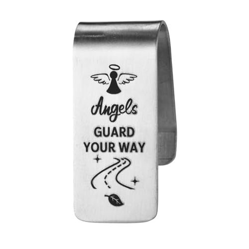 Image of Car Guardian Angel Visor Clip, Engraved Stainless Steel Car Visor Clip for Safe Travel Religious New Drivers Gift Men Women Friends Family(Silver)