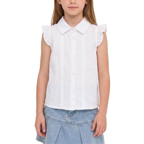 Image of Girls Button Down Blouse with Peter Pan Collar - Classic Short-Sleeve Kids Shirt Top