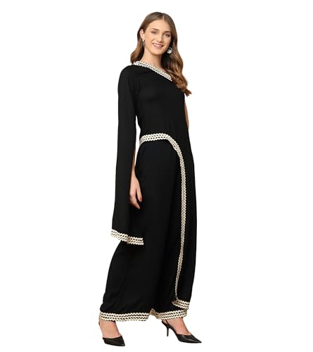 Image of DEEBACO Women's Solid Rayon Ankle Length Tunic & Palazzo|Cape Sleeve|Cord Set for Women Fashion|Long Jumpsuits Western Dress for Women Stylish Two Piece Co ord Set|Casual Wear(Black)