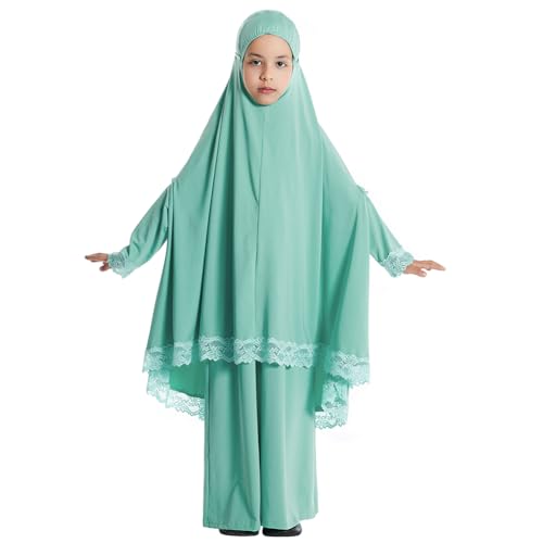 FYMNSI Muslim Clothes for Girl Kids Abaya Dress Full Cover Lace Hijab Dress Islamic Kaftan Khimar Skirt Set Prayer Dress 2PCS