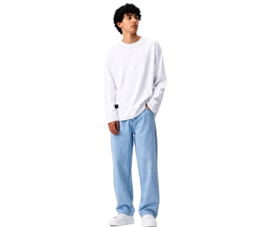Men's Ice Blue Wide Leg Denim Jeans-image-43