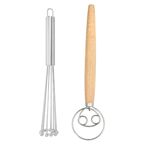 Juego De 2 Piezas, Batidor De Acero Inoxidable De 10 Bolas Y Batidora De Masa Con Mango De Roble, Batidora Manual Adecuado Para Hornear, Cocinar Y Mezclar