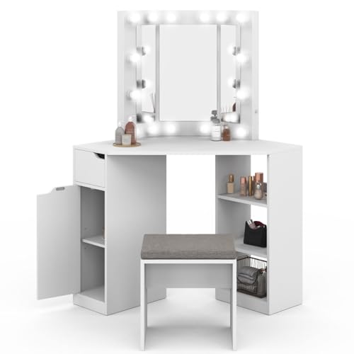 IDMarket - Coiffeuse d'angle Zelia Blanche 3 miroirs LED, 3 étagères, 1 tiroir, 1 Caisson de...