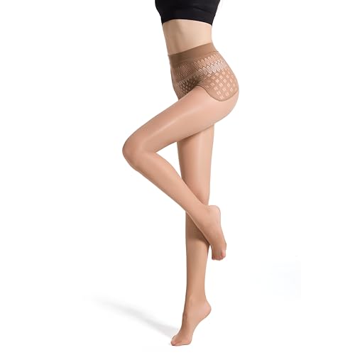 Image of Frola Oil Shiny Stockings Pantyhose 360Seamless Crotch High Waist Smooth Tights for Women (Large, Brown-Hollow)