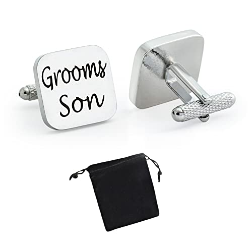 Image of Virens Empourium - Men's Cufflinks, Square Silver Wedding Cuff links, Smart and Elegant Look, Best Man, Groom, Usher, Page Boy, Dad, Brother, and more Cufflink Titles (GROOMS SON)