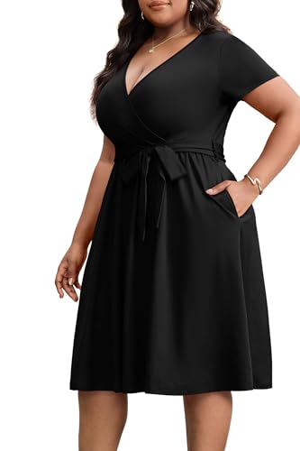 FANDEE Black Dresses for Women, V Neck Short Sleeve Plus Size Dress with Belt Summer Wrap Cocktail...