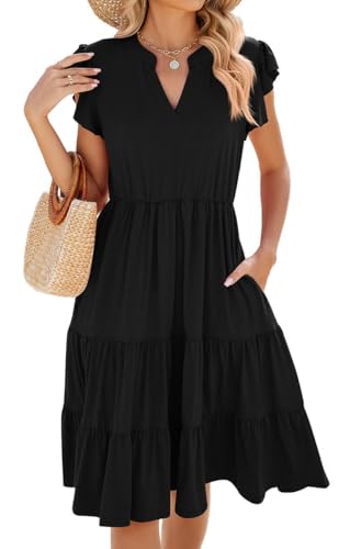 Yutdeng Sommerkleid Damen Kurz Kleid Elegant Sommerkleider Leicht mit Taschen Freizeitkleid V Ausschnitt Kurzarm mit Rüschen Casual Kleid Viskose Sommer Kleider Knielang Minikleid,Schwarz,XL