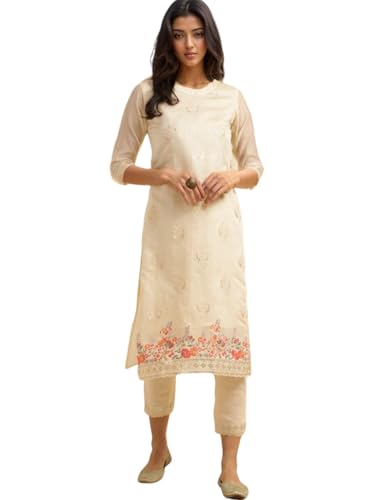 Image of rangita Off White Chanderi Embroidered Straight Kurta with Pant | Kurta Set for Women