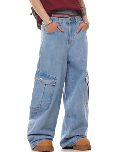 Y2k Baggy Cargo Jeans Men Loose Fit Denim Skater Jeans Wide Leg Cargo Pants Multiple Pockets4
