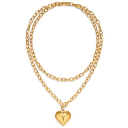 Layered Puffy Heart Necklaces For Women Gold And Silver Plated Heart Pendant Necklace Long Chain Necklace