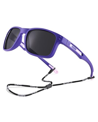 Pro Acme Kids Polarized Sunglasses，Unbreakable Flexible Rectangular Frame Sports Boys Girls Sun Glass with Strap Age 4-12