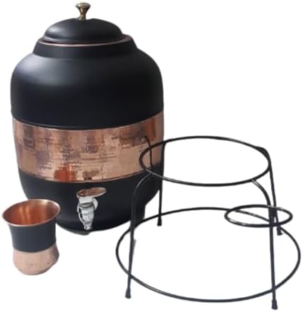 Miniatura 4 de Ornate International Pure Copper Water DspenserMatkaEnfriador de aguaStorae Water 14 litros con 11.8 fl oz de vidrio de secuencia media martillado