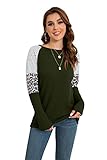 IWOLLENCE Damen Langarmshirt Casual Rundkragen Oberteile Elegant Striped Patchwork Tops Lose Modischen Leopardenmuster Tunika(Armee Grün, XL)