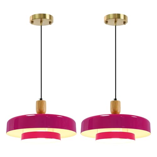 Image of Natural Wood Pendant Light Kitchen Island, 13.8 inch Purple Pendant Light Fixtures, 2 Packs Rustic Ceiling Lights, Industrial Adjustable Hanging Lamp with E26 Base for Bedroom Living Room