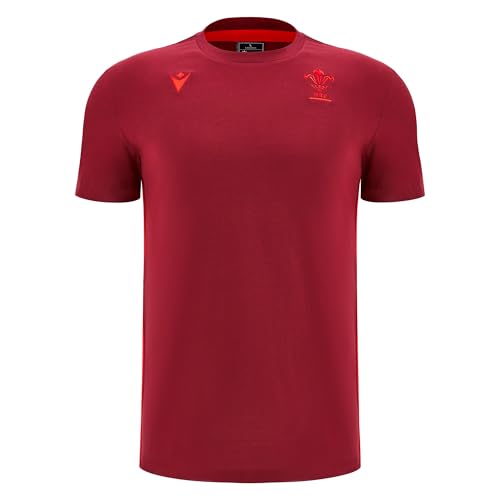 Macron Wales WRU 2025/26 Mens Travel Cotton T-Shirt (UK, Alpha, L, Regular, Regular, Dark RED)