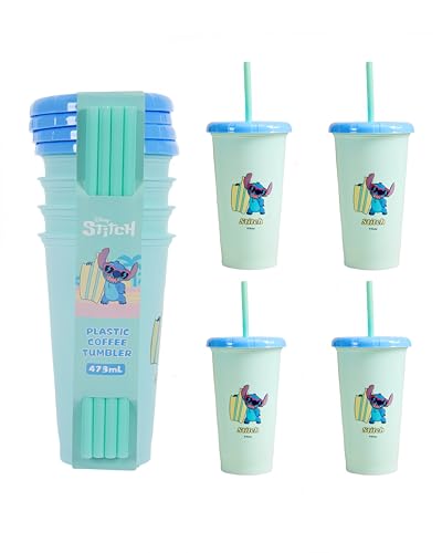 Image of MINISO Disney Lilo & Stitch 16oz Iced Coffee Cups with Lids & Straws 4 Pack