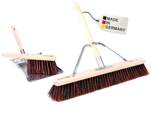 BawiTec Profi Kehrbesen Set mit speziellem Metall-Stielstabilisator,Arenga-Elaston-Borsten-Mix,inkl. stabilem Besenstiel Ø28mm,Handfeger 28cm,Metall-Kehrschaufel,Besen Straßenbesen (Breite 60cm)