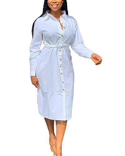 Womens Button Down Shirt Dress Long Sleeve Solid Color Belted Maxi Prom Dresses Formal Work Wear White L