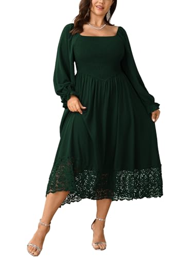 SHESTARR Women's Plus Size Maxi Dress Long Sleeve Square Neck Smocked Flowy A-Line Lace Trim Wedding Guest Dresses Emerald Green