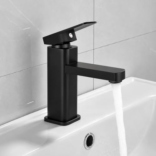 YYTECH Grifo de Baño Llave de Lavabo Armadura Negro Mezclador de Lavabo Grifo de Agua Fría y Caliente Mezclador de Una Maneta Negro Mate Armadura de Baño para Baño Fregadero Acero Inoxidable Latón