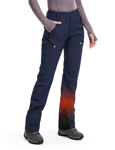 Image of Moosehill Women's Hiking Pants Winter: 5 Zipper Pockets Water Resistant | Fleece Lined 4-Way-Stretch Insulated Softshell with Elastic Waistband for Outdoor Ski and Snowboard