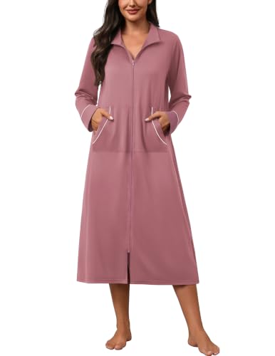 Image of Ekouaer Zipper Robes for Women Long Sleeve Lightweight House Coats with Pockets Zip Up Bathrobe Loungewear S-3XL