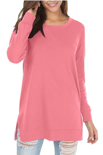 levaca Womens Long Sleeve Shirts Oversizes Side Split Loose Casual Fall Fashion 2025 Tunic Tops Pink L