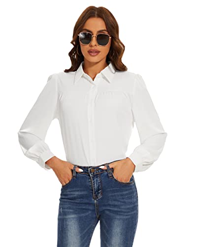 Womens Button Down Shirts Long Sleeve Casual Chiffon Blouses Collared Work Office Tops White #TOP2