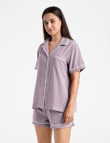 Image of Womens Muslin Pajama Sets 100% Cotton Double Gauze Linen Like Short Pjs | Breathable Soft Comfort Button Up Loungewear Sleepwear PJ Set