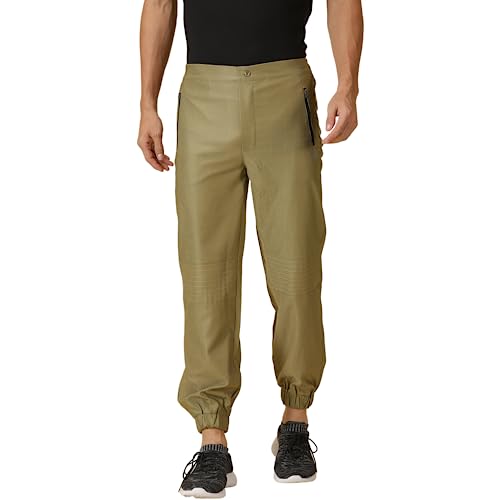 Image of DOMIN8 Men's Solid Training Trousers with Zipper Pocket and Running Stitch line at Knee & Back (L) Olive