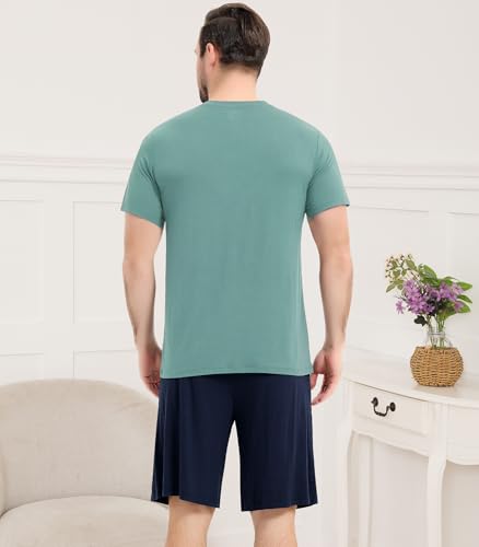 Image of NACHILA Men's Pajamas-Viscose Made from Bamboo, Short Sleeve Top with Shorts Pjs Set V Neck Sleepwear Cool Loungewear