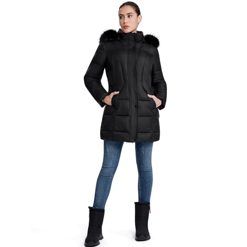 Image of HOTIAN Women's Winter Puffer Down Coat Long Thickened Padded Parka Warm Jacket with Faux Fur Detachable Hooded