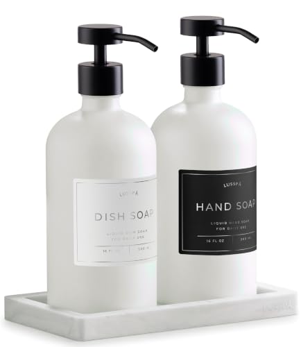 Glass Soap Dispenser Set of 2 (White) with Silicone Tray | Hand and Dish Soap Dispenser for Kitchen and Bathroom | 16.8 Oz Glass Bottles with Stainless Steel Pump & 15 Waterproof Labels (White/Black) - image 1