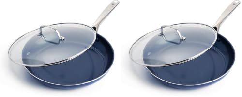 Image of Blue Diamond 12 inch Diamond Ceramic Nonstick Frying Pan Skillet with Lid, Blue (Pack of 2)