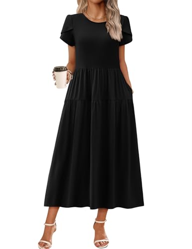 Image of Zeagoo Summer Dresses for Women 2026 Maxi Bohemian Floral Short Sleeve Long Dress Casual Flowy Tired Beach Sundress