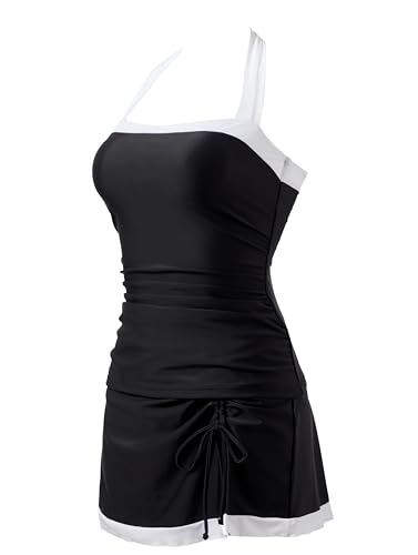 SUUKSESS Women Tummy Control Tankini Swimsuits with Skirt Backless Bathing Suit4