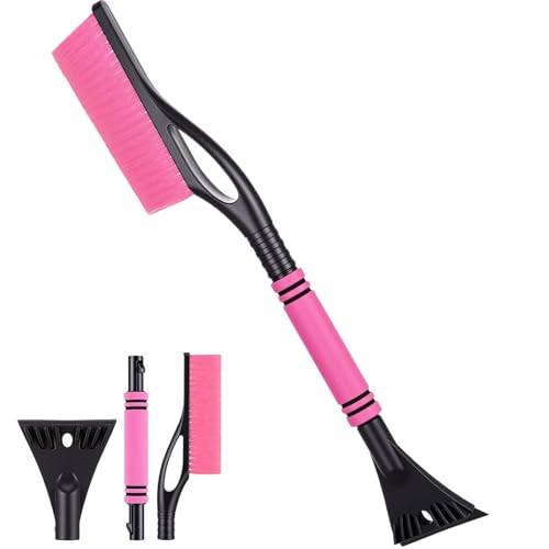 Lasnten 24 Snow Brush and Ice Scraper for Car Windshield 2 in 1 Detachable Snow Scraper with Soft Grip Handle and Additional Handhold Multi-Functional Removal Tool for Car Truck SUV(Pink)